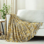 Multi-Color Gold Cable Woven Throw Blanket for Couch,50"X60" Boho Style Textured Blankets for Home Decor,Super Soft Warm Cozy Chunky Blanket with Decorative Tassels for Bed and Sofa
