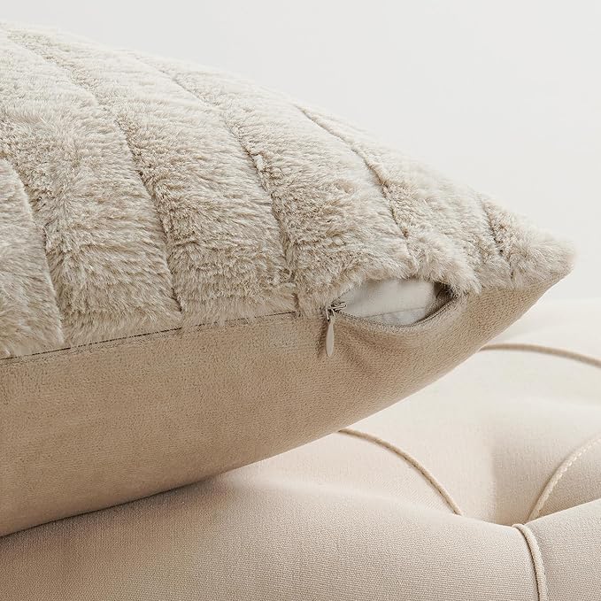 Striped Throw Blanket and Pillow Covers Set (No Inserts) for Couch and Bed, Plush Warm Lightweight Fuzzy Faux Fur Blanket for All Seasons (60" x 80", Oatmeal)