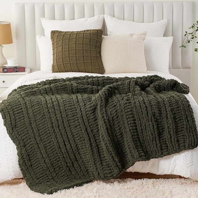 Battilo Chunky Knit Throw Blanket for Couch, Super Soft Warm Cozy Chenille Throw Blanket, Olive Green Blanket for Bed, Sofa, Living Room, 50"x60"