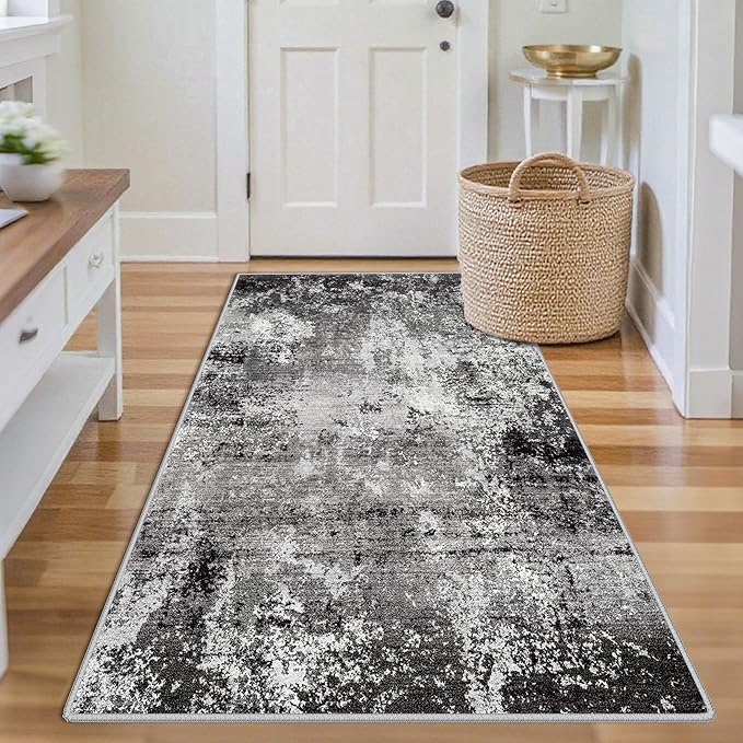 3x5 Washable Entryway Rug – Non-Slip Rubber Backed Small Area Rug for Kitchen, Bedroom, Living Room, Office – Soft Low-Pile Thin Modern Abstract Neutral Throw Rug （Black Grey,3x5）