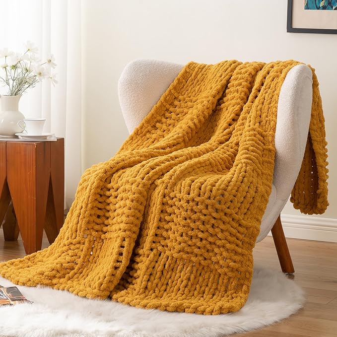 Bunnikins & Clover Mustard Yellow Throw Blanket for Couch, Chunky Knit Gold Blanket Throw with Chenille Yarn for Bed Living Room Home Decor, 50"x60"