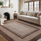 RUGSREAL Large Bedroom Rug 6x9 Machine Washable Area Rug Braided Print Boho Accent Carpet Throw Floor Cover Farmhouse Rustic Rug Geometric Bordered Braided Carpet for Living Room Home Office, Brown