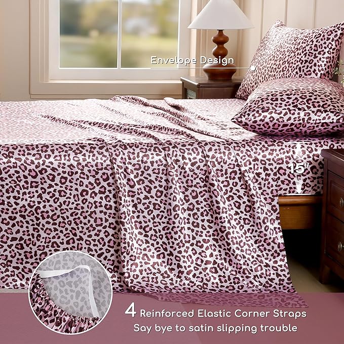 MR&HM Satin Sheets with Elastic Corner Straps, Twin XL Size 3-Piece Silky Bedding Set, Deep Pocket 15 Inches, Good for Hair & Skin (Twin XL, Pink Leopard)