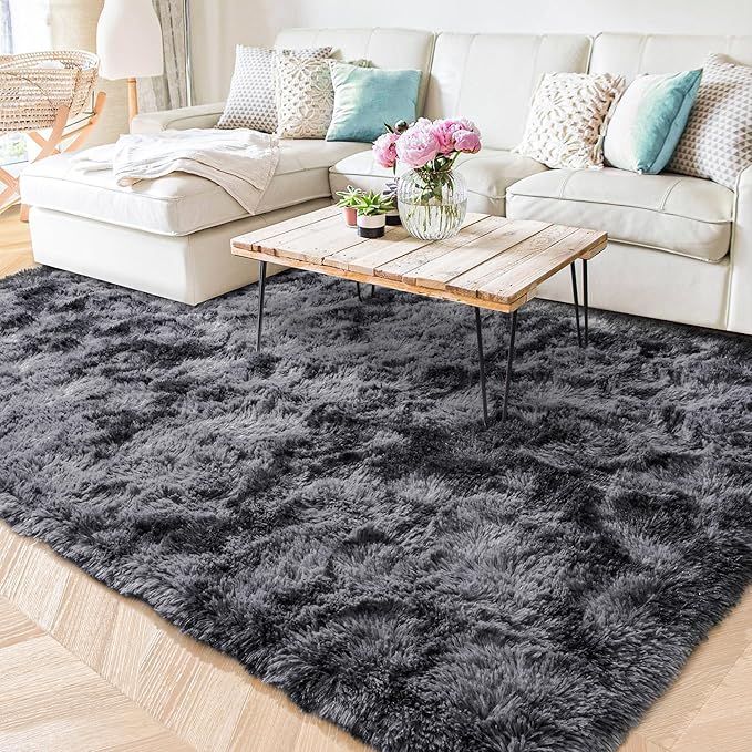 ISEAU Area Rugs 8x10 Feet for Living Room Rugs, Ultra Soft Fluffy Rugs for Bedroom, Non-Slip Modern Large Shag Bedroom Rug, Carpet for Living Room Home Decor, Tie-Dyed Dark Grey