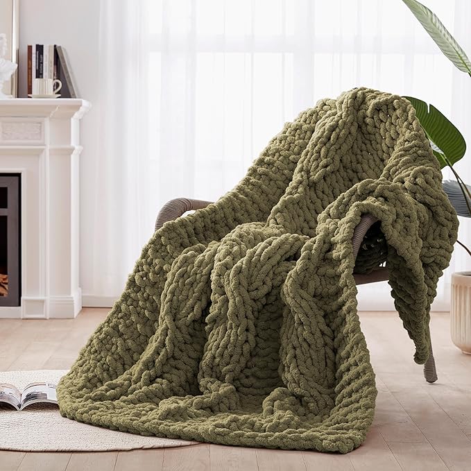 Chunky Knit Blanket Throw - 100% Hand Knitted Chunky Soft Throw Blanket for Couch, Thick and Warm Blanket for Winter, Olive Green, 40x50 Inches