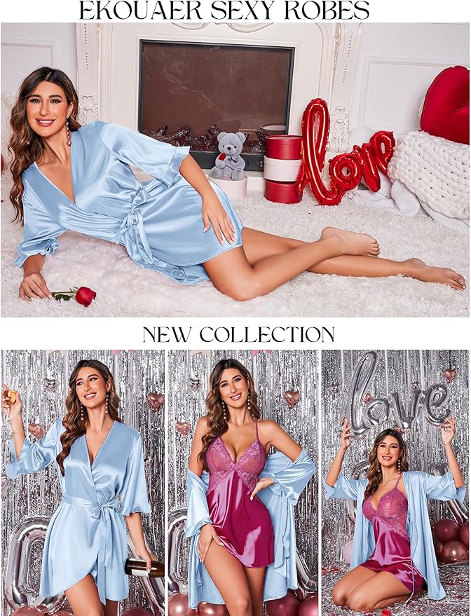Ekouaer Women's Satin Robe Valentines Lingerie for Women Kimono Bathrobe Short Ruffle Belted Robes Bridesmaids Sleepwear