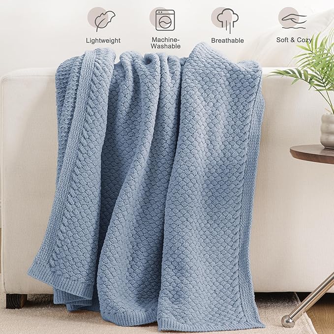 Whale Flotilla Chunky Knit Throw Blanket for Couch and Bed, Grey Blue Decorative Cozy Fleece Blanket, Reversible Soft Fuzzy Woven Throws, 60x80 Inch