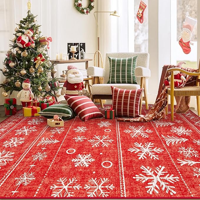 XLUEZ Christmas Area Rug 6x9 Living Room Rugs, Machine Washable Boho Christmas Tree Snowflake Rug Non-Slip Soft Low Pile Holiday Indoor Rugs for Bedroom Kitchen Dining Room Office(Xmas Red, 6'x9')