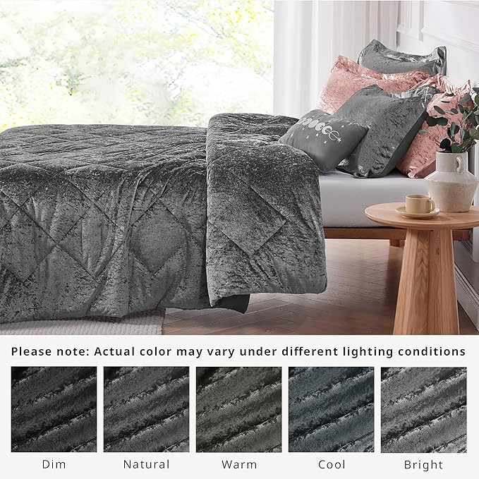 Intelligent Design Twin Comforter Set, Velvet Comforter Set , Luxury Diamond Quilting Comforter Set, Fluffy Comforter Bed Set with Decorative Pillowand 1 Sham, 3 Piece Grey, Twin/Twin XL