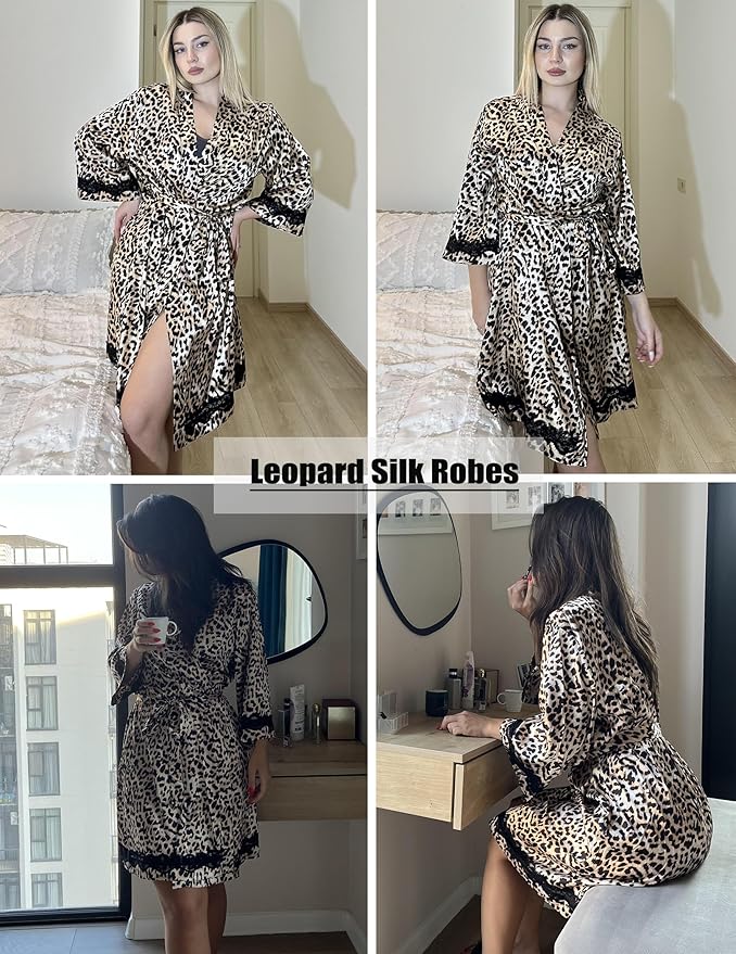 Ekouaer Women's Lace-Trim Silk Robes Bride Bridesmaid Kimono Satin Bathrobe V Neck Sleepwear with 3/4 Sleeve