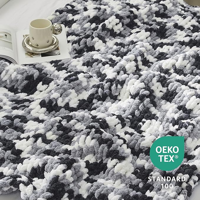 Amélie Home Chunky Knit Throw Blanket for Couch, Soft Chenille Handmade Crochet Throw Rope Knot Blanket for Couch, 50"x60", Space-Dyed Black