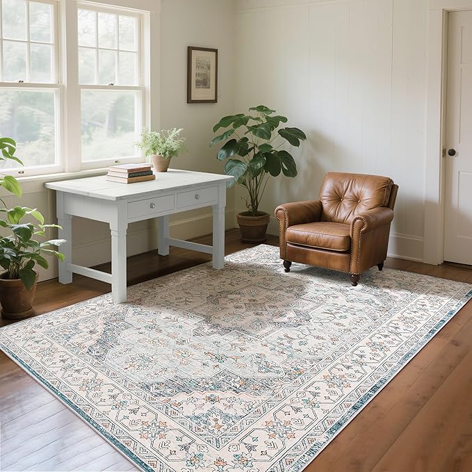 CRYPTOLITE Vintage Area Rug 5x7 Rugs, Machine Washable Rug Non-Slip Low Pile Rug for Living Room, Bedroom, Farmhouse, Dining Room, Blue