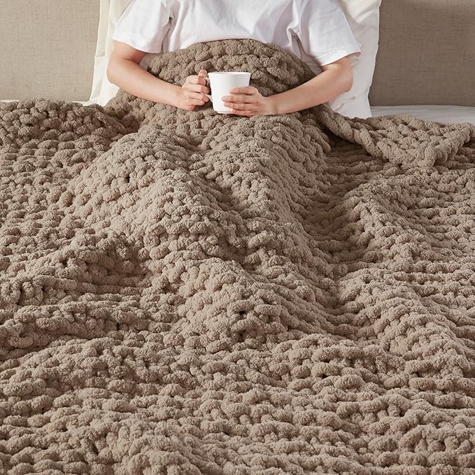 Madison Park Chenille Chunky Knit Handmade Throw Blanket, Luxuriously Soft Gift Blankets, Cottage Style Room Décor, Lightweight & Breathable All Seasons Throw Blanket for Couch, 50" W x 60" L Brown