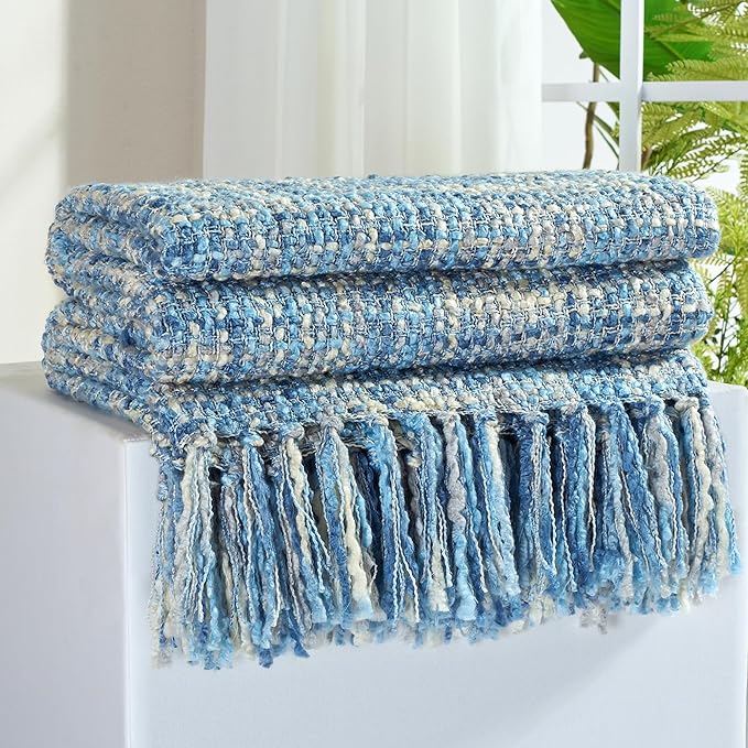 Multi-Color Light Blue Cable Woven Throw Blanket for Couch,60"X80" Boho Style Textured Blankets for Home Decor,Super Soft Warm Cozy Chunky Blanket with Decorative Tassels for Bed