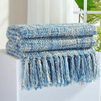 Multi-Color Light Blue Cable Woven Throw Blanket for Couch,50"X60" Boho Style Textured Blankets for Home Decor,Super Soft Warm Cozy Chunky Blanket with Decorative Tassels for Bed