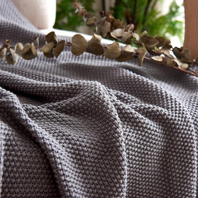 Longhui bedding Dark Grey 100% Cotton Lightweight Cable Knit Throw Blanket for Couch Sofa Bed Home Decorative, Bonus Laundering Bag, Dark Gray 50“ x 60”, Machine Washable
