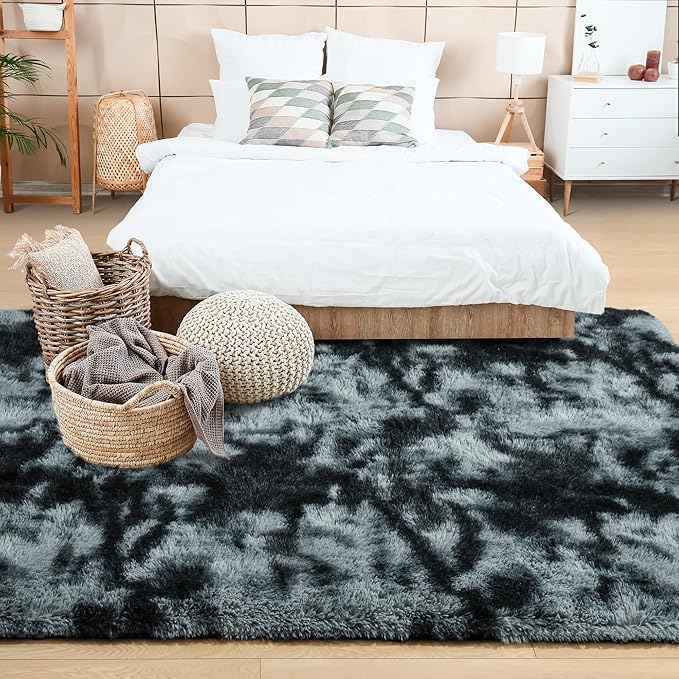 Noahas Large Fluffy 8x10 Area Rugs for Living Room Bedroom,Tie-Dyed Black and Grey Thick Shag Throw Rug,Big Soft Shaggy Bedside Non-Slip Plush Dorm Nursery Kids Carpet