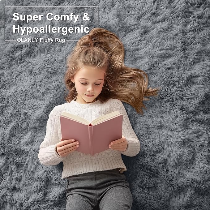 OLANLY 7x12 Machine Washable Large Area Rugs for Living Room, Bedroom, Soft Fluffy Shaggy Bedside Rug, Indoor Floor Carpet for Kids Girls and Boys, Dorms, Nursery, Home Decor Aesthetic, Grey