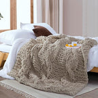 Chunky Knit Blanket Throw - 100% Hand Knitted Thick and Warm Throw for Winter, Linen, 50x60 Inches, Crochet