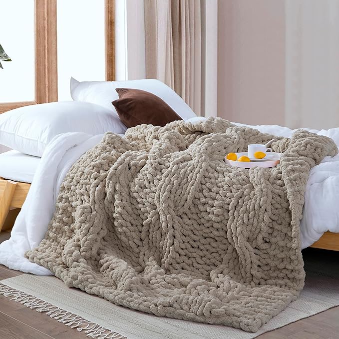 Chunky Knit Blanket Throw - 100% Hand Knitted Thick and Warm Throw for Winter, Linen, 50x60 Inches, Crochet