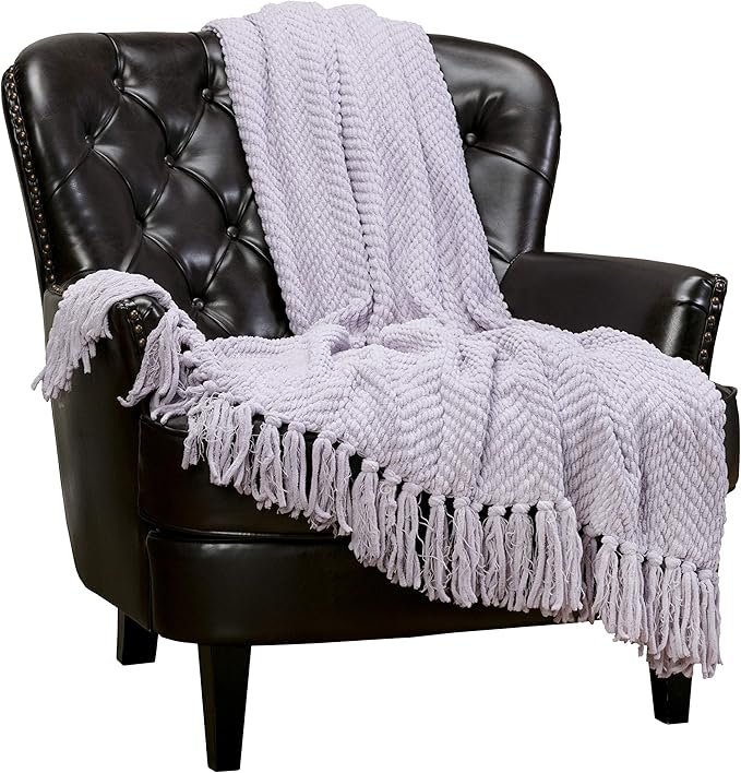 Chanasya Premium Textured Knit Throw Blanket with Tassels - Soft, Cozy Blanket for Couch, Bed, Living Room - 50" x 65” - Misty Lilac