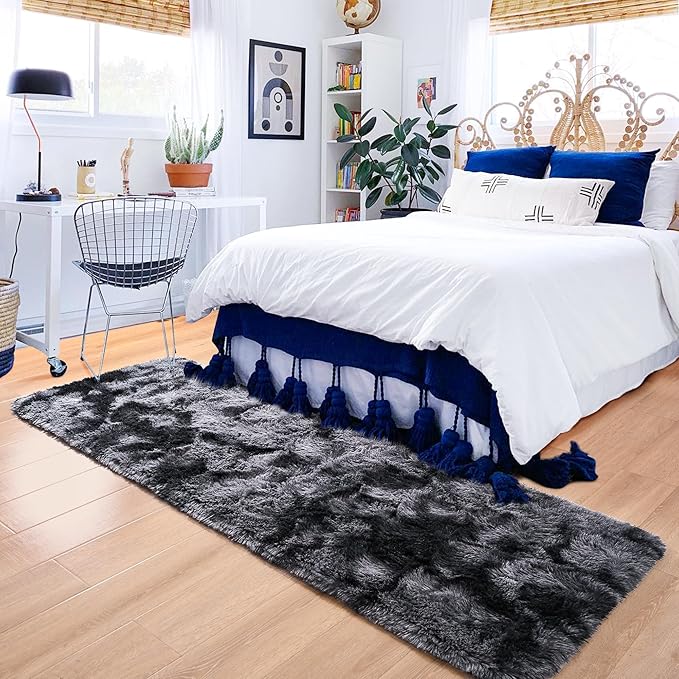 ISEAU Runner Rug for Bedroom, 2x6 Feet Shag Area Rug with Upgrade Non Slip, Fluffy Carpet Runner for Hallway, Fuzzy Soft Living Room Rugs for Boys Bedroom Decor, Dark Grey