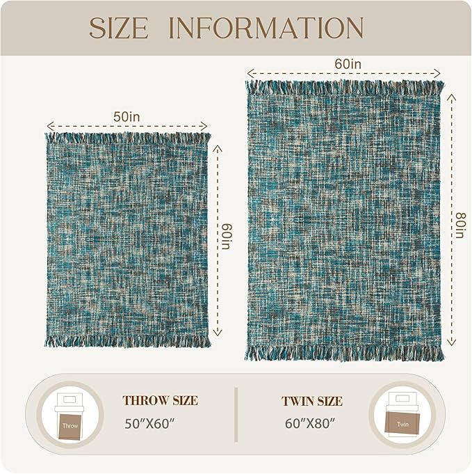 Multi-Color Teal Cable Woven Throw Blanket for Couch,50"X60" Boho Style Textured Blankets for Home Decor,Super Soft Warm Cozy Chunky Blanket with Decorative Tassels for Bed and Sofa