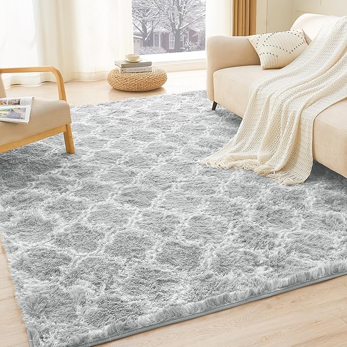Litanika 6x9 Geometric Shag Area Rug for Bedroom, Light Grey and White High Pile Ultra Soft Plush Shaggy Furry Bedside Playroom Dorm Carpet, Non-Slip, Non-Shedding Indoor Floor Rug