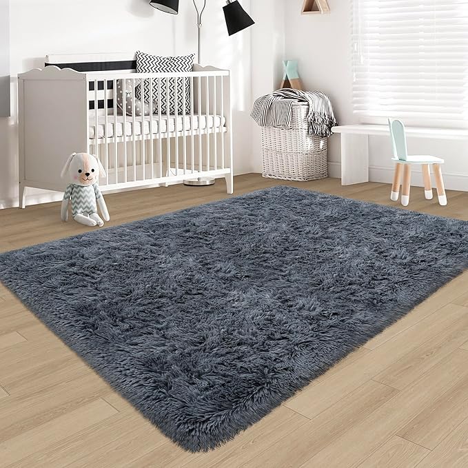 Fluffy Rugs for Bedroom 4x6 Grey Shaggy Rug for Living Room Soft Fur Rug Non Slip Modern Indoor Furry Floor Carpet Washable Plush Fuzzy Kids Area Rug for Nursery Baby Teen Dorm Room