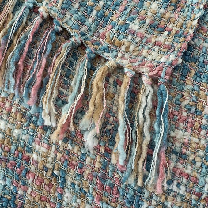 Multi-Color Pink Blue Cable Woven Throw Blanket for Couch,50"X60" Boho Style Textured Blankets for Home Decor,Super Soft Warm Cozy Chunky Blanket with Decorative Tassels for Bed