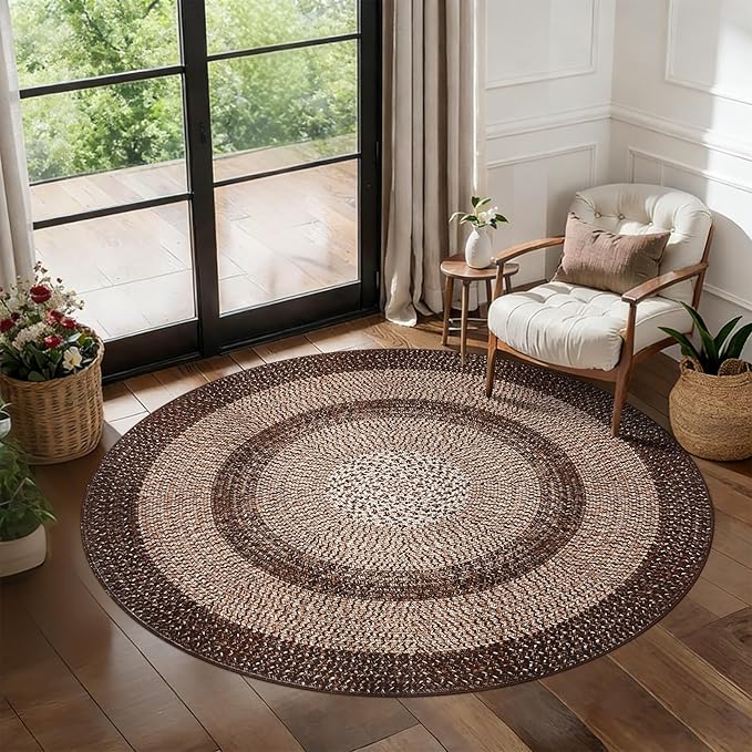 Modern Bordered Round Area Rug 4ft Washable Bedroom Circle Rugs Non Slip Stain Resistant Dining Room Round Throw Carpet Contemporary Circle Mats for Living Room Kitchen Nursery, Brown