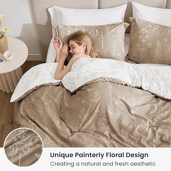 Love's cabin Light Taupe Comforter Set King - King Size Comforter Set, 3 Pieces Cute Floral Bedding Sets for All Seasons,1 Soft Reversible Botanical Flowers Comforter and 2 Pillow Shams