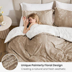 Love's cabin Light Taupe Comforter Set Queen - Queen Size Comforter Set, 3 Pieces Cute Floral Bedding Sets for All Seasons,1 Soft Reversible Botanical Flowers Comforter and 2 Pillow Shams