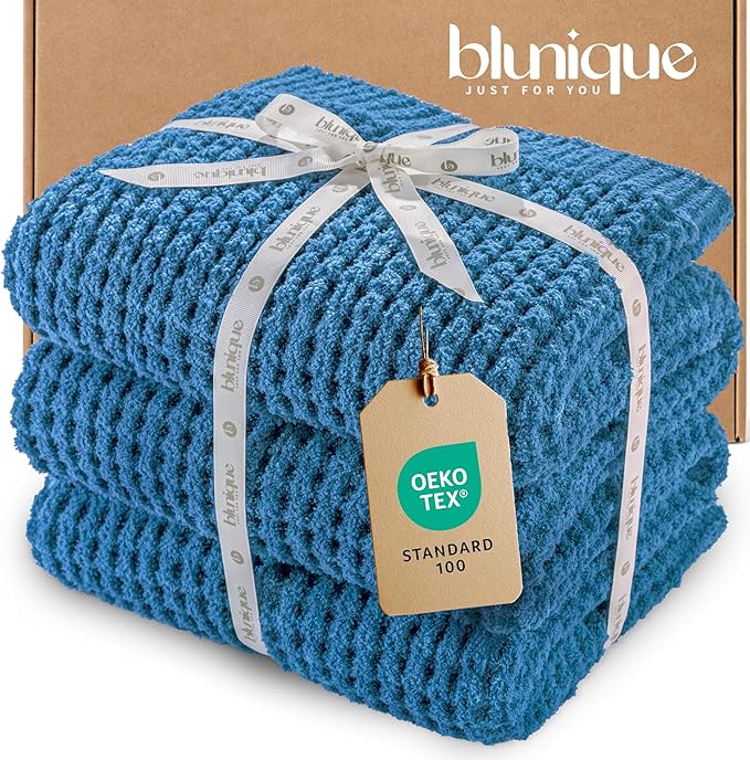 Waffle Knit Throw Blanket, Luxury Cozy Chunky Knit Throw Blanket for Couch, 50 x 60 Inch Thick Ultra-Soft Feather Yarn Knitted Blanket for Sofa, Bed, Home Decor - Blue
