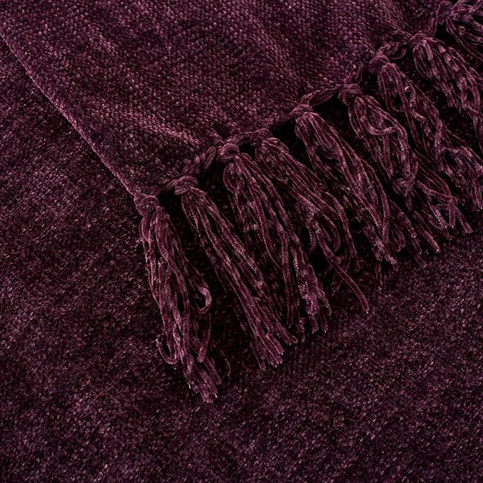 Chenille Throw Blanket for Couch with Tassels,50"X60" Soft Cozy Lightweight Knitted Boho Decorative Blankets for Bed and Sofa,Aubergine