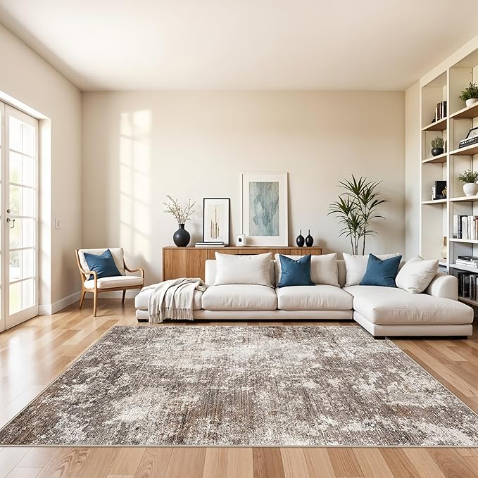 Area Rugs for Living Room: 6x9 Washable Neutral Abstract Rug for Bedroom Large Soft Modern Dining Room Rugs Indoor Floor Low Pile Carpet for Home Office (Brown Beige,6x9)