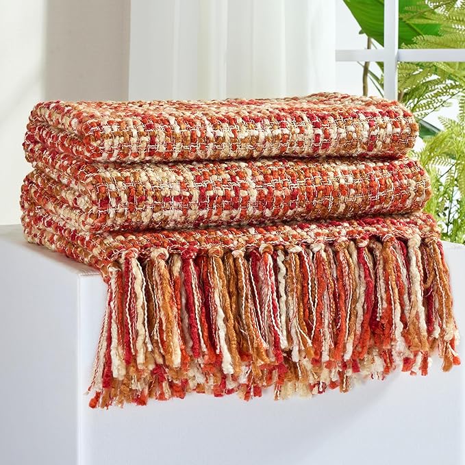 Multi-Color Dark Red Cable Woven Throw Blanket for Couch,50"X60" Boho Style Textured Blankets for Home Decor,Super Soft Warm Cozy Chunky Blanket with Decorative Tassels for Bed