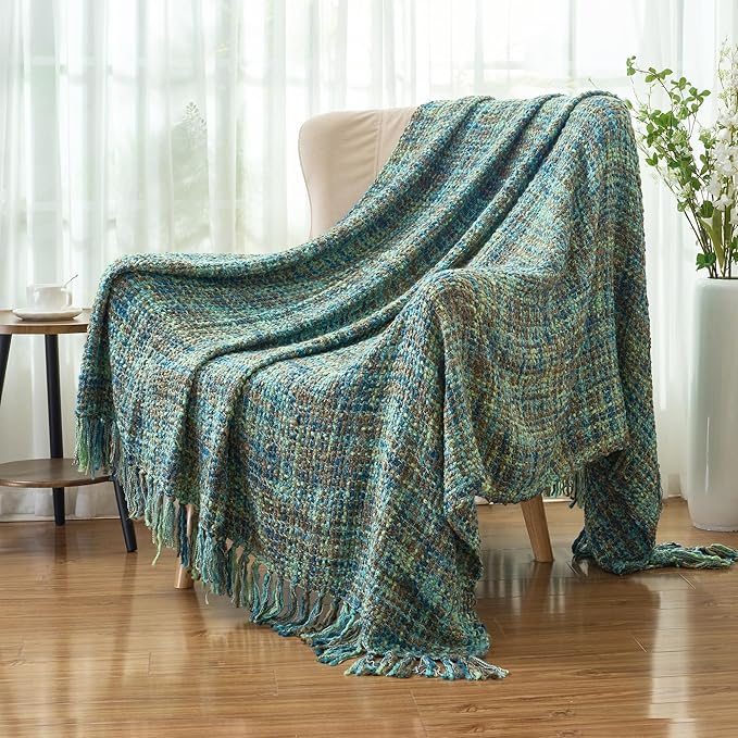 Multi-Color Green Cable Woven Throw Blanket for Couch,60"X80" Boho Style Textured Blankets for Home Decor,Super Soft Warm Cozy Chunky Blanket with Decorative Tassels for Bed and Sofa