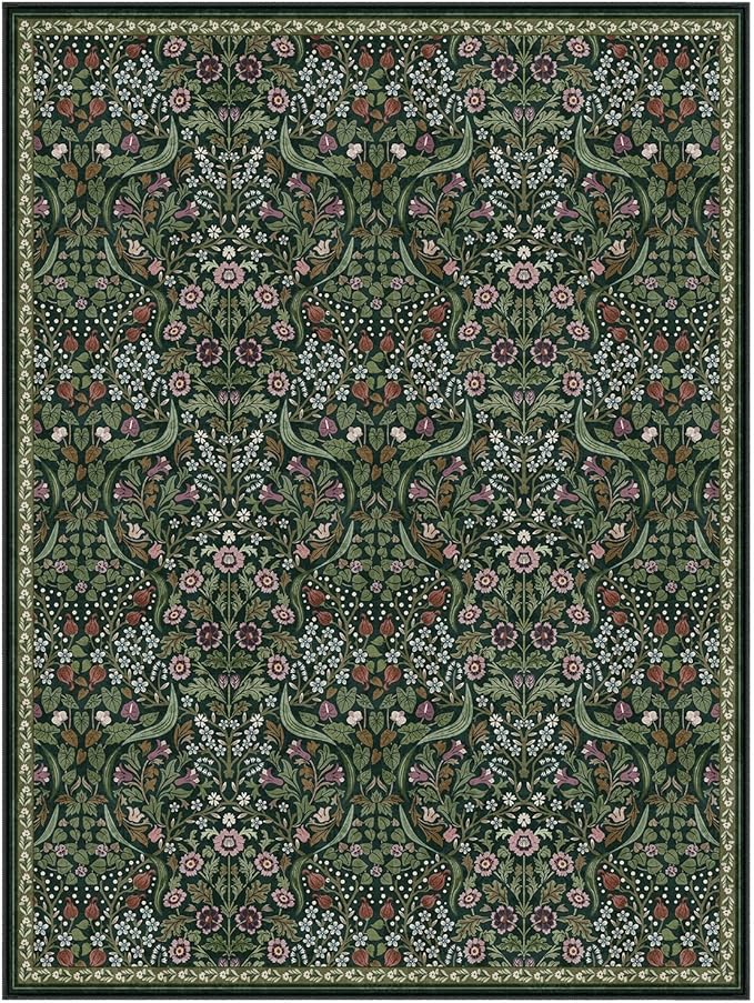 Lahome Claude Floral Area Rugs 9x12 Living Room, Green Soft Bedroom Rugs Non Slip, Thin Dining Room Carpet, Non Shedding Print Carpets for Guestroom