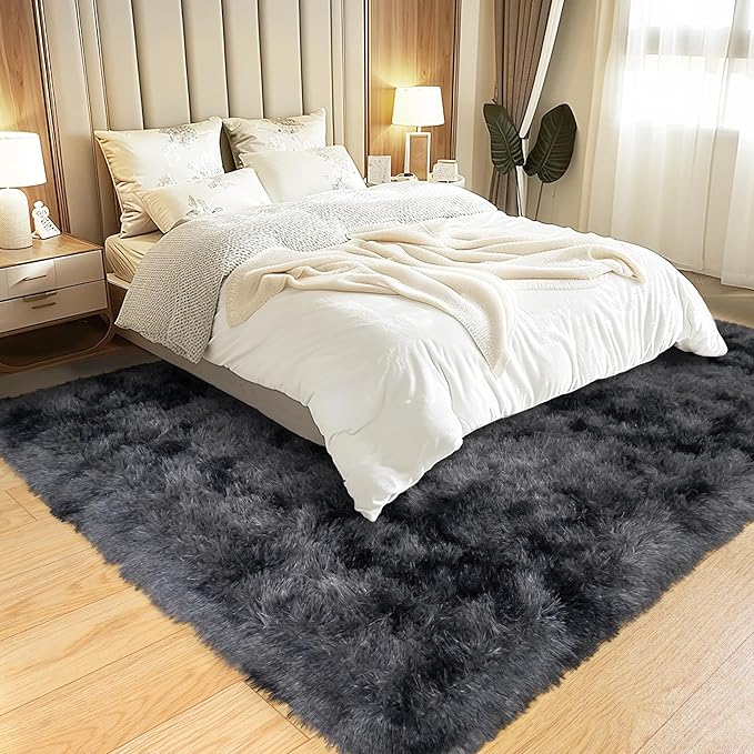 KING DARE 9x12 Area Rug for Living Room Plush Carpet, Soft Fluffy Shaggy Fuzzy Furry Large Tie-Dyed Black Gray Rug, Anti-Slip Washable Modern Floor Rug for Bedroom Home Aesthetic Decor