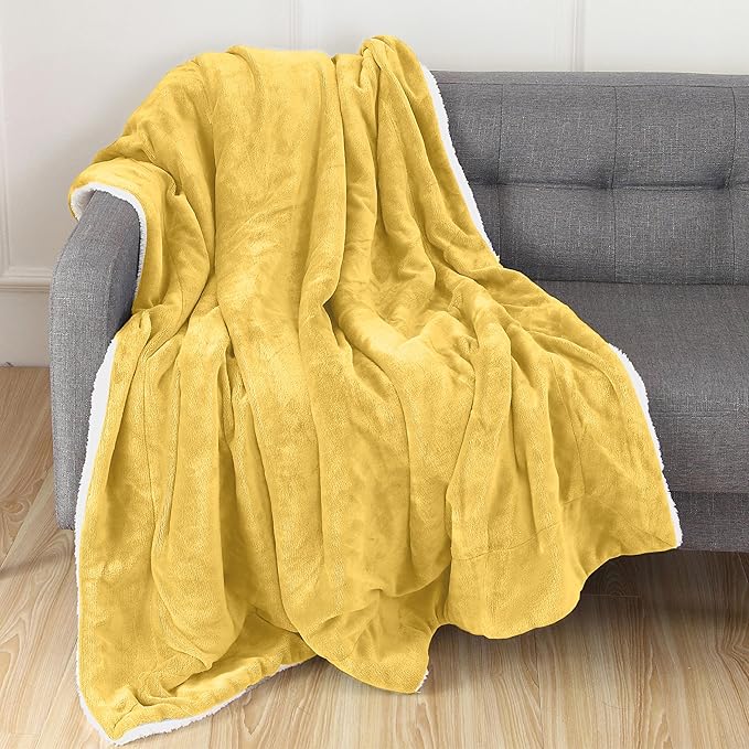 Elegant Comfort Throw Blanket, Reversible Sherpa Flannel, Ultra-Soft, Fuzzy, Cozy and Plush- All Season Lightweight Decorative Throw, 50 x 60 inches, Solid Sherpa Throw, Yellow