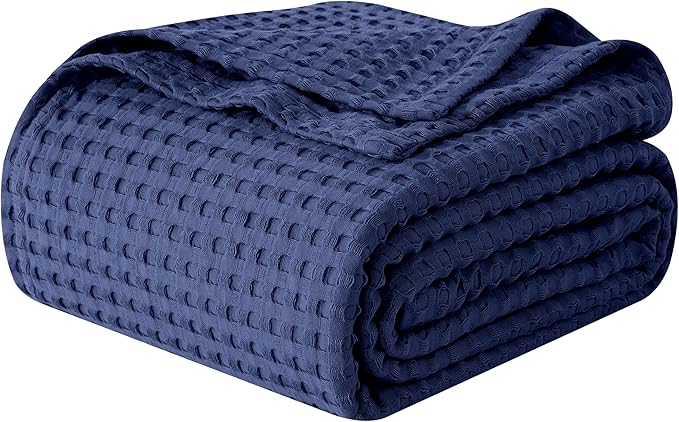Elegant Comfort Premium 100% Cotton Waffle Blanket - Lightweight Breathable Waffle Weave Bed Blanket - Soft and Warm All Season Blanket for Couch, Sofa and Bed, Full Size 88x88 Inches, Navy Blue