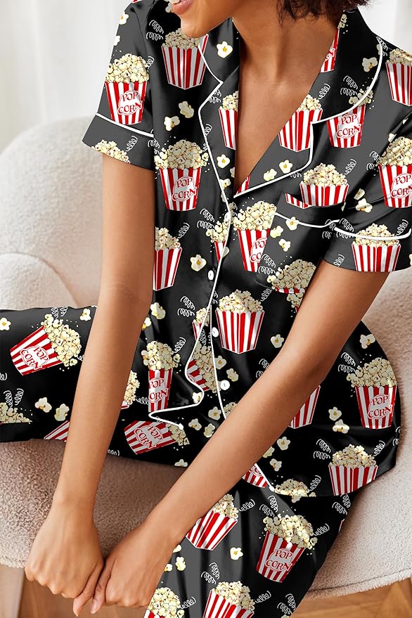 Ekouaer Silk Satin Pajamas Set Women Short Sleeve Sleepwear Soft Button Down Loungewear Pjs Set