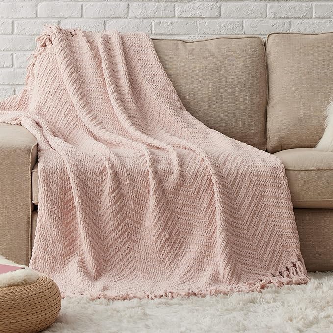 Bedsure Spring Throw Blankets for Couch - Textured Knit Woven Chenille Blanket - Super Soft, Warm Decorative Boho Throw with Tassels for Bed, Sofa and Living Room, Light Pink, 50x60 Inches