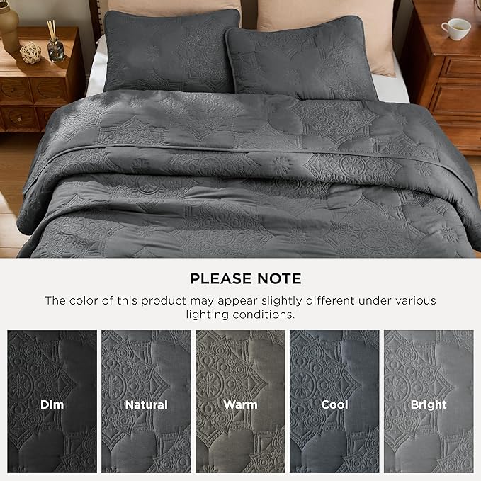 Bedsure Quilts Queen Size - Dark Grey Bedspread Queen Size & Lightweight Comforter, Modern Coverlet with Mandala Pattern, Ultra Soft All-Season Bedding, 90 x 96 Inches | Stitch-Free Quilting, Ultra Soft, Lightweight, Machine Washable, Pet-Friendly