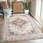 CRYPTOLITE Vintage Area Rug 5x8 Rugs, Machine Washable Vintage Area Rug Non-Slip Low Pile Large Rug for Living Room, Bedroom, Farmhouse, Dining Room, Beige