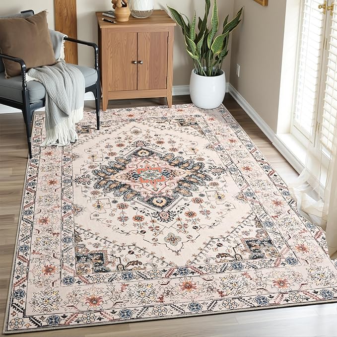 CRYPTOLITE Vintage Area Rug 5x8 Rugs, Machine Washable Vintage Area Rug Non-Slip Low Pile Large Rug for Living Room, Bedroom, Farmhouse, Dining Room, Beige