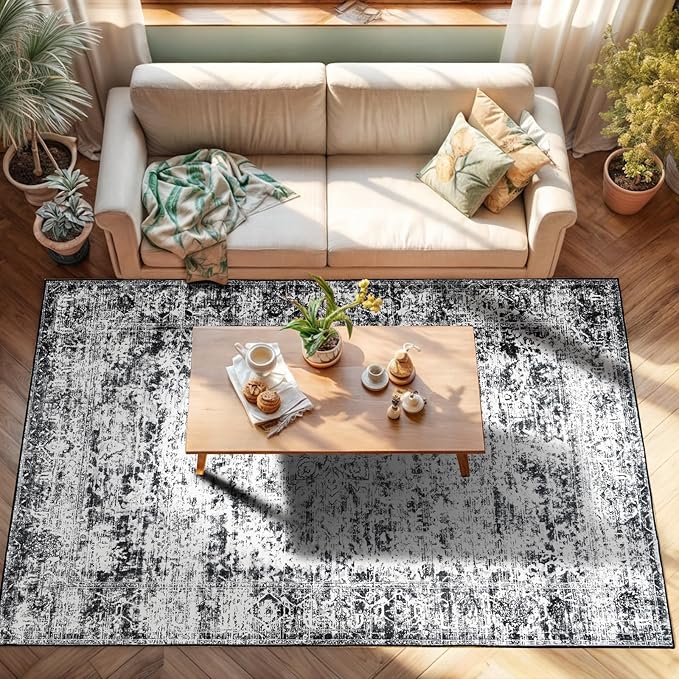 CRYPTOLITE Area Rugs for Living Room, 5x7 Washable Vintage Faux Wool Throw Bedroom Rug, Low Pile & Non-Slip Indoor Floor Carpet for Dining Room, Home Office, Kids Room, Bedside (Dark Grey)