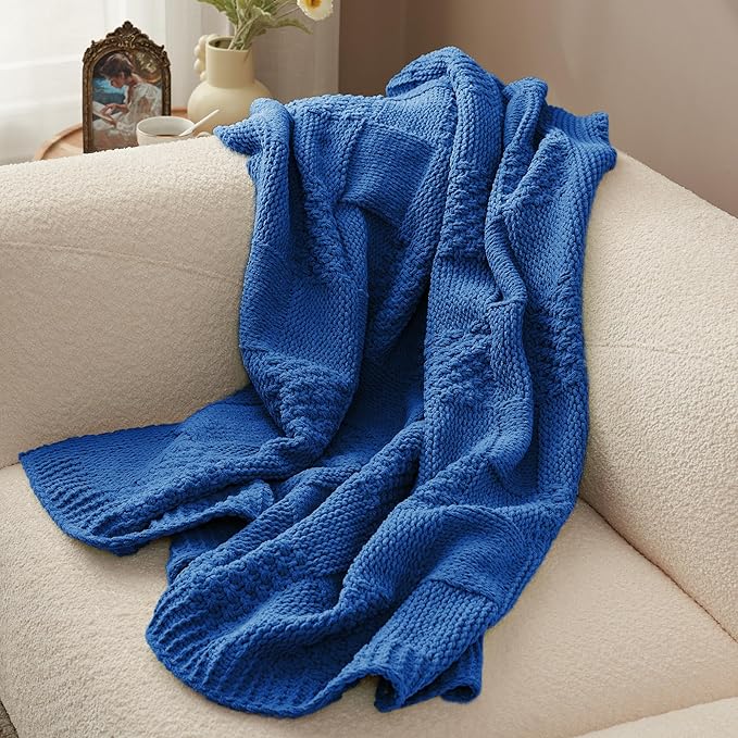Amélie Home Knit Throw Blanket, Soft Chenille Cozy Breathable Checkered Chunky Decorative Blanket for Couch, Bed & Sofa, French-Inspired Lightweight Warm Gift for Women, Royal Blue, 50"x60"