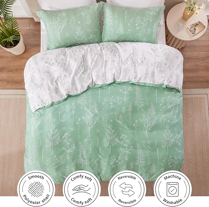 Love's cabin Comforter King Size Set - Sage Green King Comforter Set, 3 Pieces Cute Floral Bedding Sets for All Seasons,1 Soft Reversible Botanical Flowers Comforter and 2 Pillow Shams